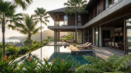 Fototapeta premium Luxury modern villa with infinity pool and breathtaking ocean views, surrounded by lush tropical nature. An idyllic, serene getaway