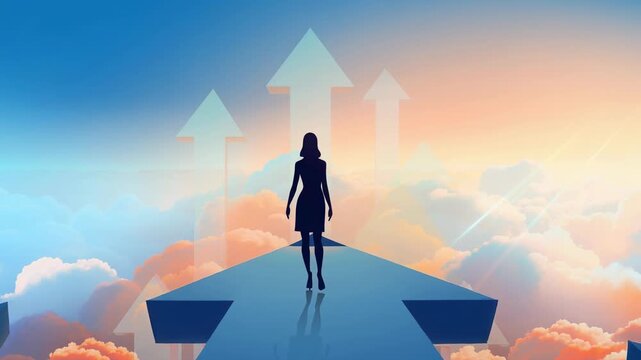 Businesswoman walking on arrow path toward success and growth with sunrise sky background
