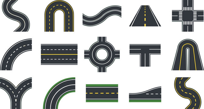 Asphalt road elements set with highway turns crossroad roundabout junction curves and street markings map creation vector