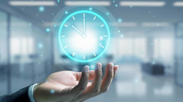 Businessman holding glowing clock time management concept in modern office background