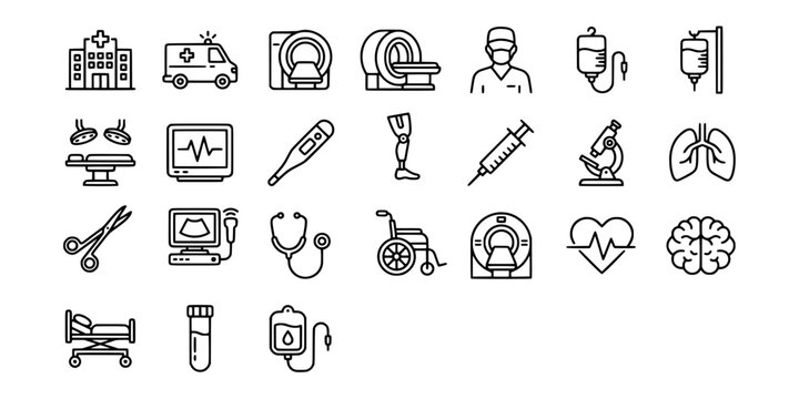 Icon set collection of advanced medical equipment, hospital facilities, diagnostic tools, and healthcare services for clinical professional use and medical technology.