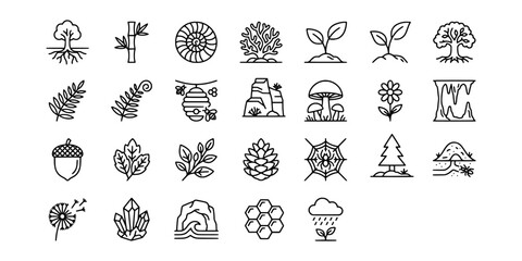Icon set collection of natural elements, forest plants, geology symbols, and environmental ecosystems for ecology, biology, and outdoor adventure themes. © Raka Firdaus 