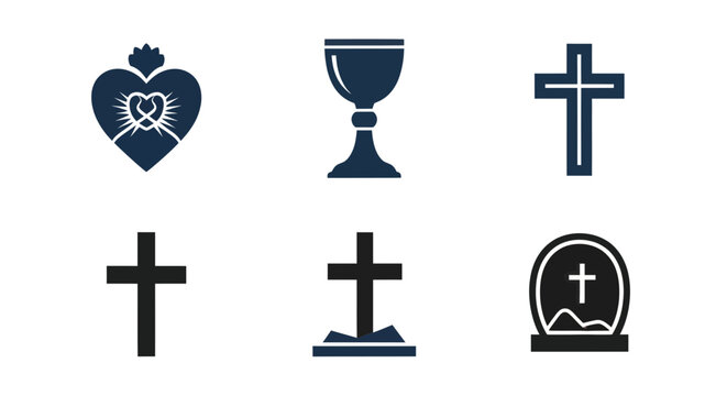 Christian Religious Symbols Icon Set: Cross, Chalice, Sacred Heart, Tombstone