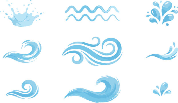 Blue watercolor water splash elements set with sea waves fluid crown drops swirls and ocean ripples vector