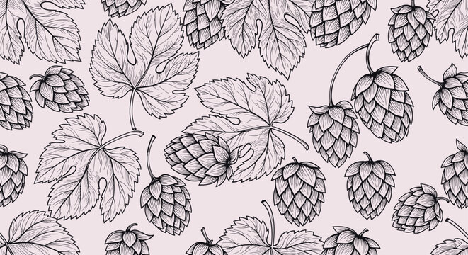 Detailed seamless pattern of hand drawn hop cones and leaves suitable for craft brewery branding or various beer related designs.