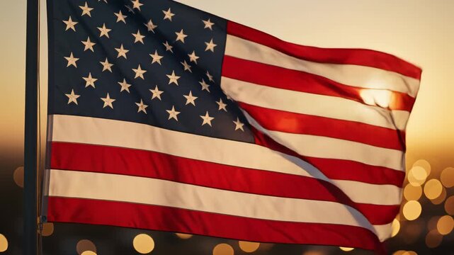 American flag waving in sunset symbolizing tranquility and the great outdoors
