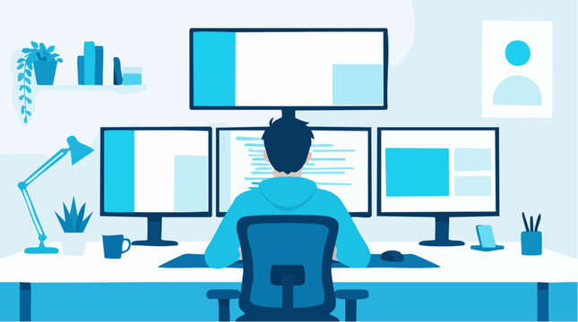 A technically arranged flat illustration of a software engineer working on a professional multi monitor workstation at a desk, capturing a clean modern environment with blue color tones.