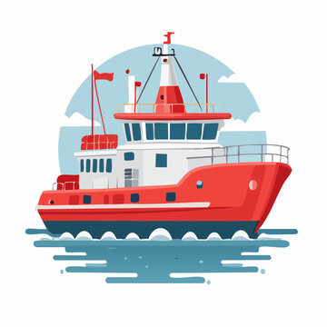 Red and white tugboat illustration on water