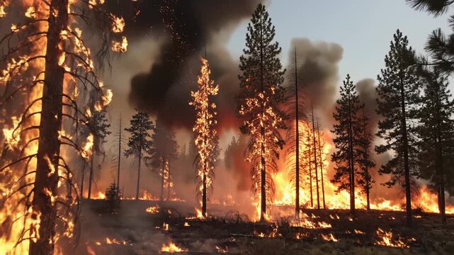 Forest fire burning tall trees highlighting environmental beauty and natural harmony
