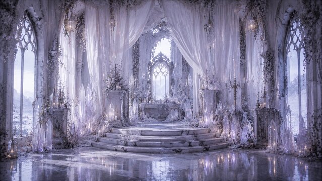 White gothic palace interior with crystals and candles