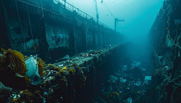 Underwater view of sunken shipwreck with marine debris and algae