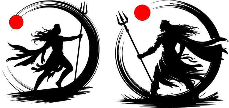  Lord Shiva silhouette vector illustration with trishul and circular brush art design, featuring bold ink style Hindu deity artwork perfect for spiritual, tattoo, and cultural graphic projects