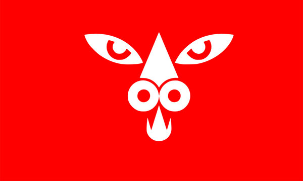 Bold red flag with white stylized heraldic animal face symbol, a minimalist wolf or beast emblem design perfect for regional identity, coat of arms, gaming, and branding projects