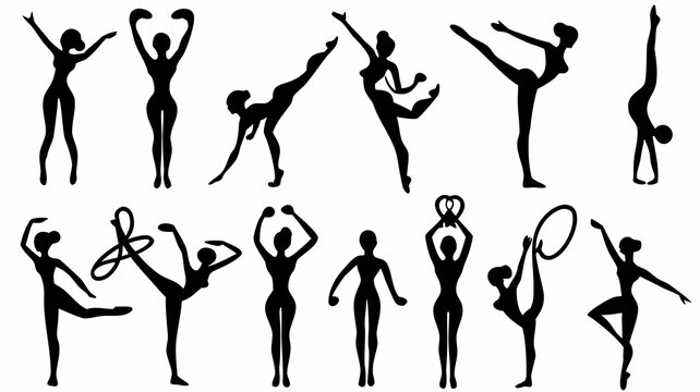 Gymnastics poses illustration featuring various athletic silhouettes on transparent background