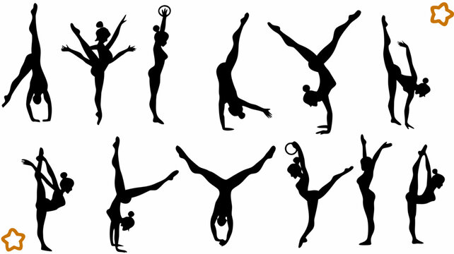 Silhouette of multiple gymnasts performing various poses on transparent background
