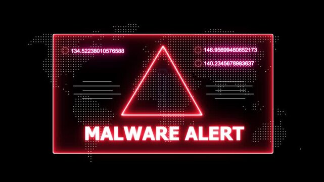 glowing Neon line malware alert and security breach warning alert message Virus code software hack Hacking attack in Progress, Virus, on a black background 4k animation video