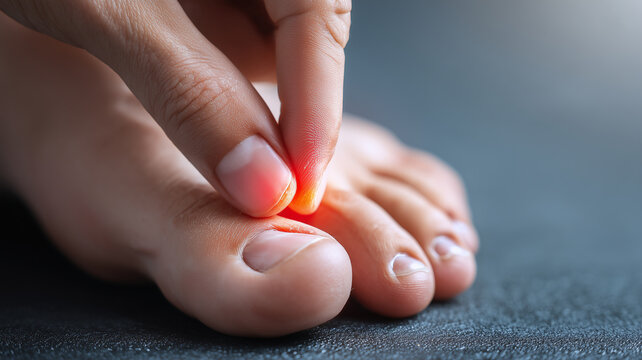 A person suffering from toenail pain and is seen touching the affected area with his hands.