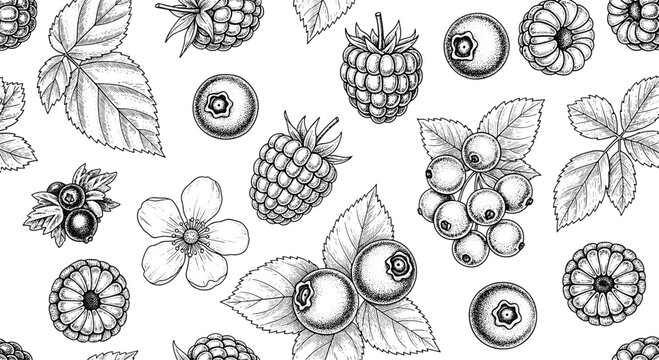 Delicate black and white seamless pattern featuring various berries like raspberries and blueberries with their own green leaves.