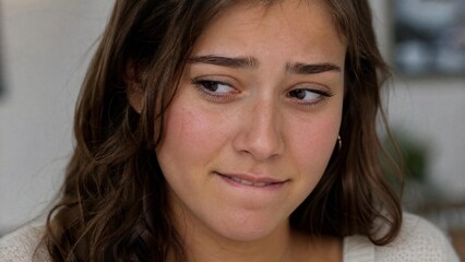 Naklejka premium Young Woman Biting Her Lip with Nervous and Contemplative Expression
