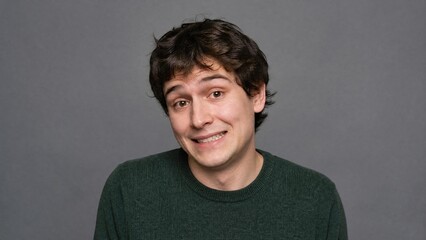 Obraz premium Portrait of Hesitant Young Man with Awkward Smile and Nervous Expression