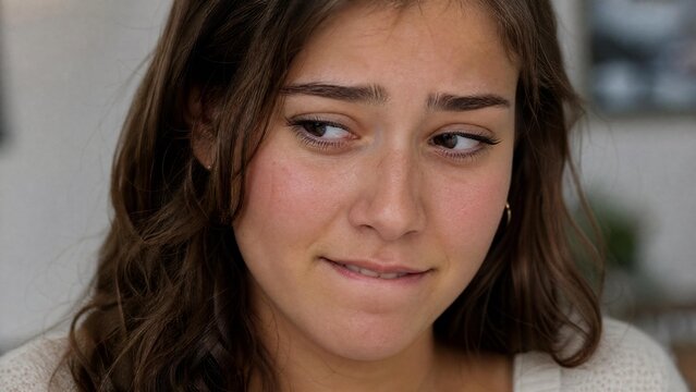 Young Woman Biting Her Lip with Nervous and Contemplative Expression