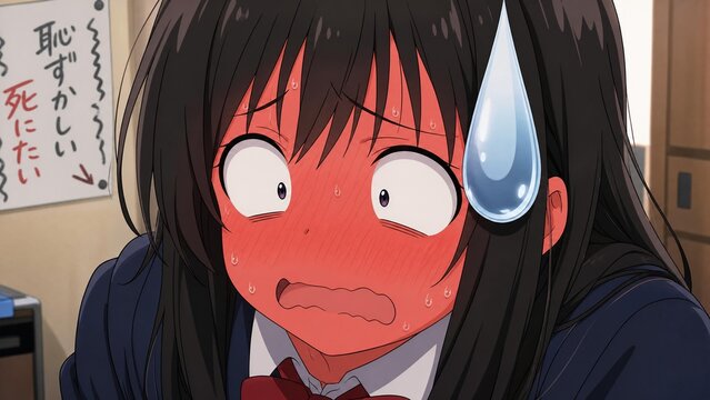 Embarrassed Anime Girl Blushing Bright Red with Sweat Drop Expression