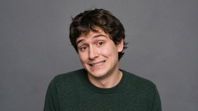 Portrait of Hesitant Young Man with Awkward Smile and Nervous Expression