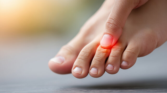 A person suffering from toenail pain and is seen touching the affected area with his hands.