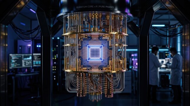 Advanced quantum computer processing unit with a glowing qudit array core and gold hardware components in a high-tech laboratory environment with research scientists in the background.