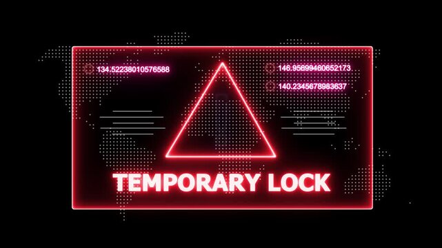 glowing Neon line temporary lock and security breach warning alert message Virus code software hack Hacking attack in Progress, Virus, on a black background 4k animation video