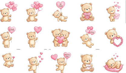 Cute Valentine Teddy Bear Character Sticker Vector Bundle with Pink Hearts Balloons and Love Greetings for Romantic Holiday Greeting Card Designs © ArjunaAkter