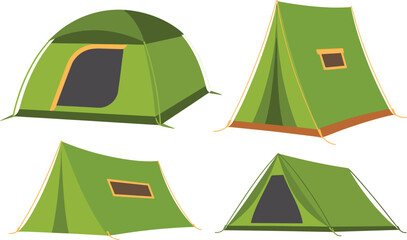 Camping tent collection vector illustration featuring green outdoor shelters for hiking adventure and travel equipment designs © Kaiyum