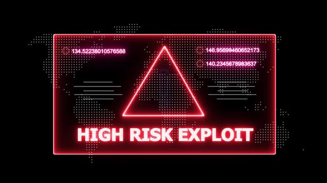 glowing Neon line high risk exploit and security breach warning alert message Virus code software hack Hacking attack in Progress, Virus, on a black background 4k animation video