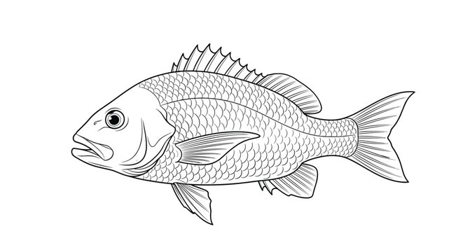 Detailed black and white line art illustration of a whole snapper fish showing scales and fins for seafood market menu designs.