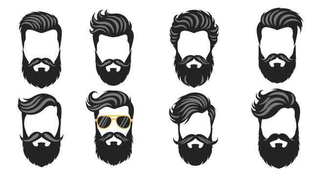 Collection of male hairstyles with full beards and moustaches including one with sunglasses for barber shop or grooming concepts.