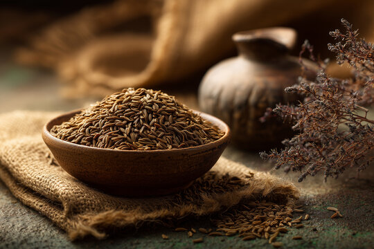 a pile of cumin seeds in a small bowl and dried cumin are placed on a wooden table.