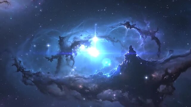 A vibrant deep space nebula glows with bright stars in the dark cosmic void