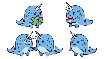 Cute narwhal, cartoon narwhals, blue sea creatures, vector illustrations, funny animals © Steven