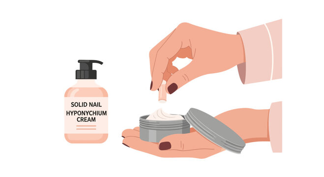 Hand applying solid nail cream from jar for healthy cuticles and nail care