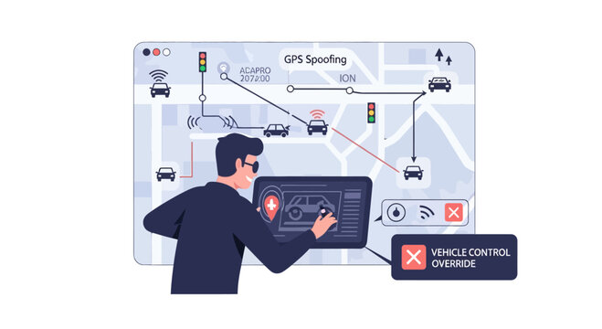 Hacker manipulating GPS signal to spoof vehicle location and control