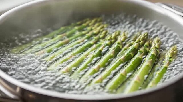 Fresh green asparagus spears are boiling in a metal pot of hot water