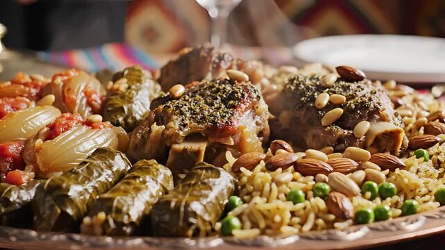 Delicious Stuffed Grape Leaves and Rice Dish with Nuts and Peas.