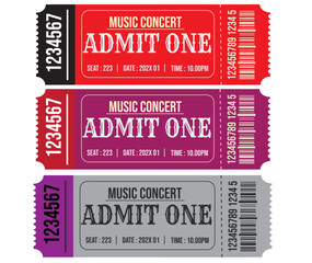 Obraz premium Concert tickets, music event passes, admit one, red, pink, gray, vector ticket design 