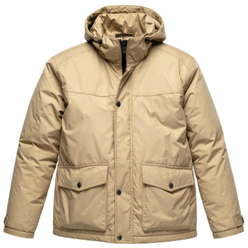 Men's Beige Hooded Puffer Jacket, Warm Winter Outerwear with Pockets Isolated on White Background