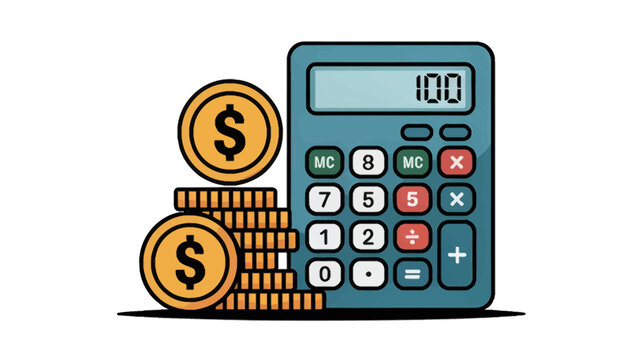 Financial calculation and accounting concept with a digital calculator displaying '100' and a stack of golden coins featuring dollar signs symbolizing wealth savings investment