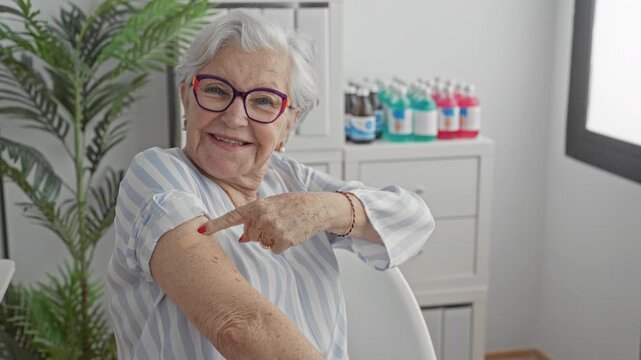 Elderly woman smiling points finger to adhesive bandage on bare upper arm in medical building; pride trust health.