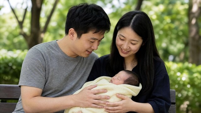 Happy Young Asian Couple Holding Their Sleeping Newborn Baby in the Park