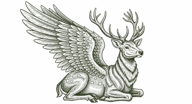 Mythical winged deer, fantasy creature, illustration, line art, monochrome