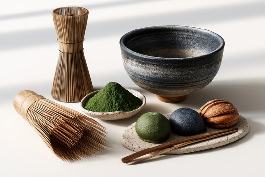 Traditional Japanese matcha tea ceremony set with whisk, bowl, powder, and sweets on a white background.
