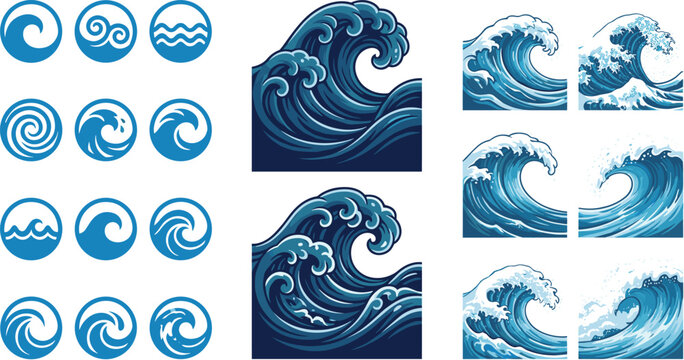 Traditional Japanese style ocean wave icons set with oriental sea surf curls foam and round water badges vector